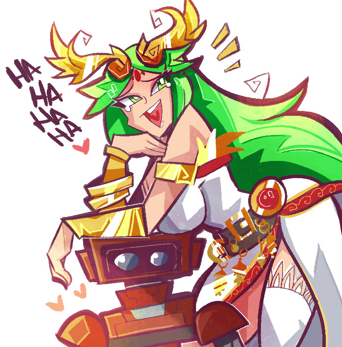1girl breasts demonbloodpal diadem family_computer_robot green_eyes heart kid_icarus kid_icarus_uprising laughing nintendo open_mouth palutena robot sideboob simple_background single_thighhigh super_smash_bros. thighhighs white_background white_thighhighs