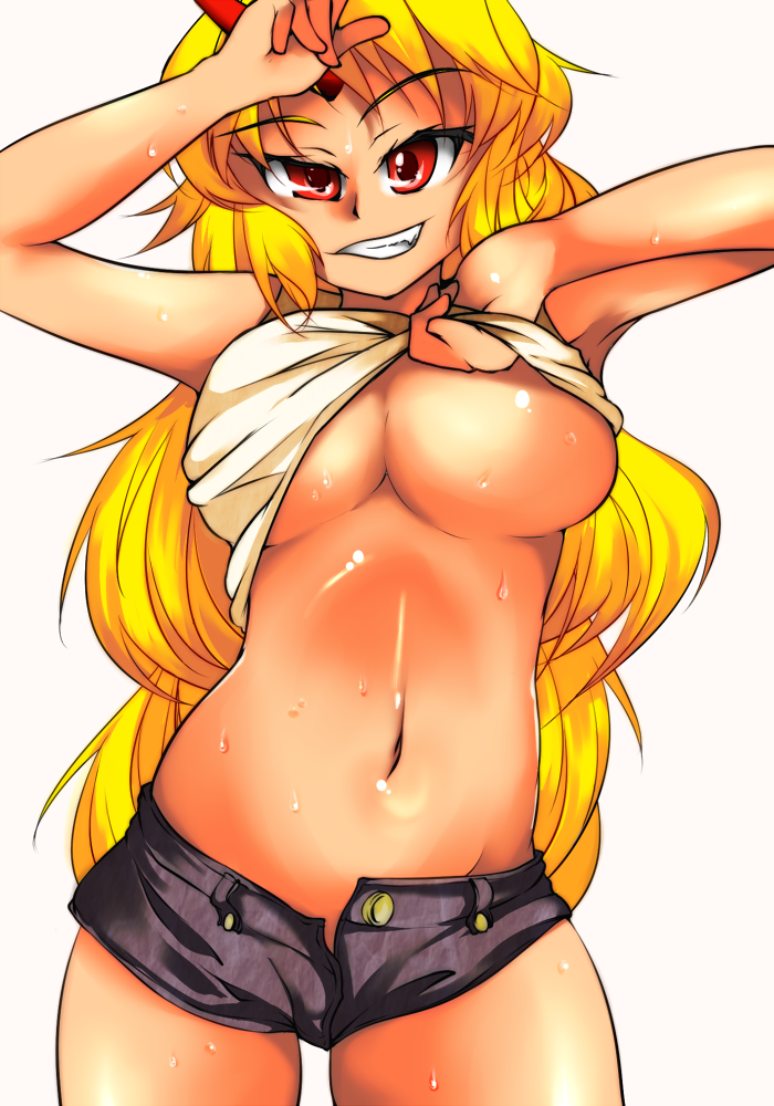 1girl alternate_costume blonde_hair breasts casual clothes_lift artistic_error female_focus grin groin horns hoshiguma_yuugi large_breasts long_hair midriff navel no_bra no_panties open_fly red_eyes shirt_lift short_hair short_shorts shorts simple_background single_horn smile solo sweat teeth touhou underboob unzipped very_long_hair yadokari yadokari_(yadokani)