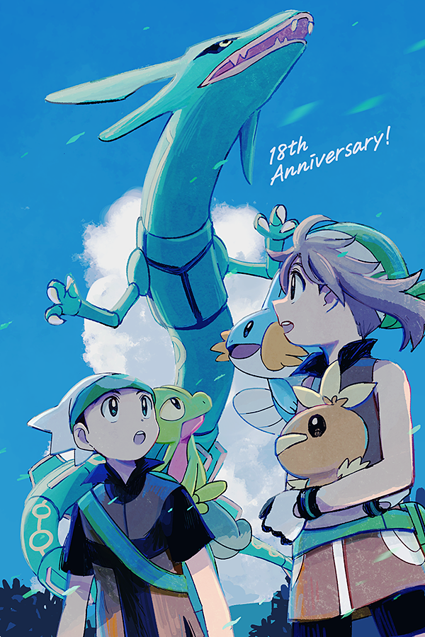 1boy 1girl :o anniversary backpack bag bandana beanie brendan_(pokemon) brown_hair cloud commentary_request day from_below game_freak gen_3_pokemon gloves green_bag green_bandana hat holding holding_pokemon legendary_pokemon may_(pokemon) mudkip nintendo open_mouth outdoors pokemon pokemon_(creature) pokemon_emerald pokemon_rse popcorn_91 rayquaza shirt short_hair short_sleeves sky starter_pokemon_trio torchic treecko white_gloves white_headwear