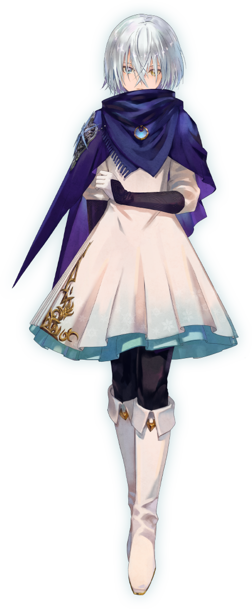 1girl blue_eyes cloak closed_mouth crossed_bangs expressionless full_body gloves hair_between_eyes heterochromia jewelry katsura_ichiho long_sleeves looking_at_viewer nazamil_(tales) necklace official_art shoes short_hair sidelocks simple_background skirt solo standing tales_of_(series) tales_of_arise white_background white_hair yellow_eyes