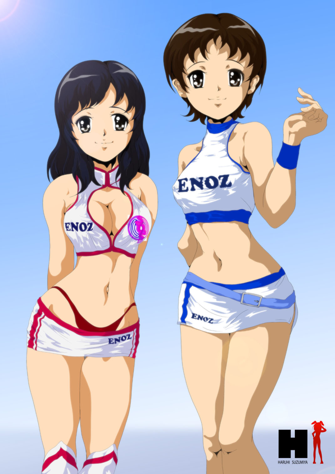 00s black_hair brown_eyes brown_hair cleavage_cutout clothing_cutout enomoto_miyuki enoz halterneck highres long_hair midriff nanashi_noiji non-web_source race_queen short_hair suzumiya_haruhi_no_yuuutsu zaizen_mai