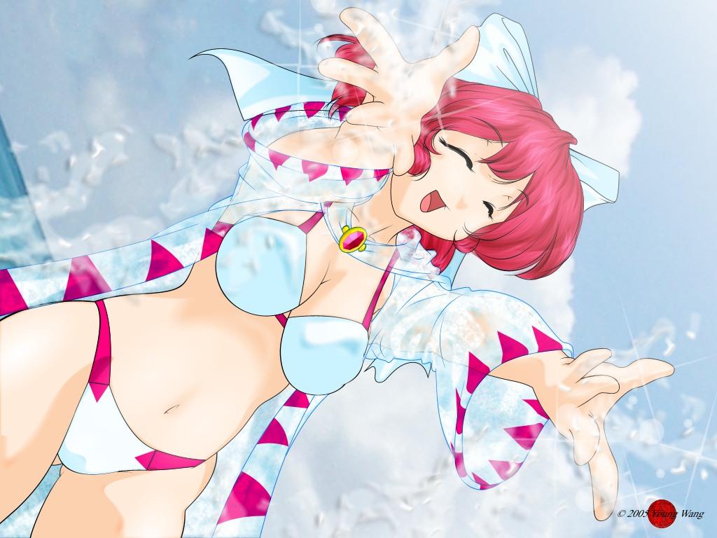 1girl beach bikini breasts cleavage closed_eyes female_focus final_fantasy happy navel outdoors red_hair sky smile solo square_enix swimsuit thighs white_mage_(final_fantasy) young_wang