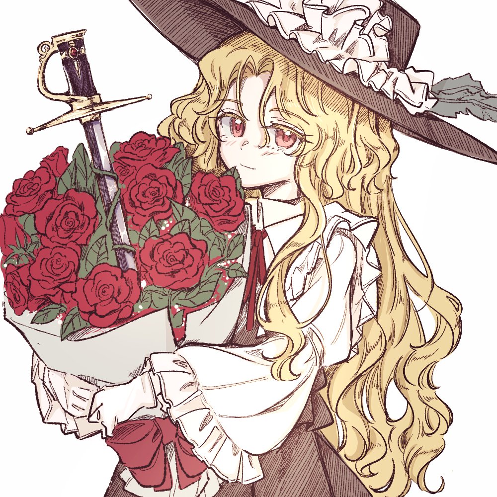 1girl blonde_hair bouquet brown_hat brown_skirt brown_vest collared_shirt cowboy_shot flower frilled_hat frilled_sleeves frills gloves hat hat_feather holding holding_bouquet jacket_girl_(dipp) juliet_sleeves long_hair long_sleeves puffy_sleeves red_eyes red_flower red_rose rose shirt skirt solo sword touhou uzumibi very_long_hair vest wavy_hair weapon white_background white_gloves white_shirt wide_sleeves