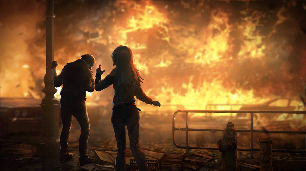 1boy 1girl arson artist_request banging belt building car dark detached_sleeves facepalm feet_out_of_frame fire fire_hydrant from_behind game_cg girls&#039;_frontline gloves guard_rail j_(girls&#039;_frontline) jacket lamppost long_hair motor_vehicle nele_(girls&#039;_frontline) official_art pants road shoes short_hair sleeveless sleeveless_sweater spoilers standing street sweater