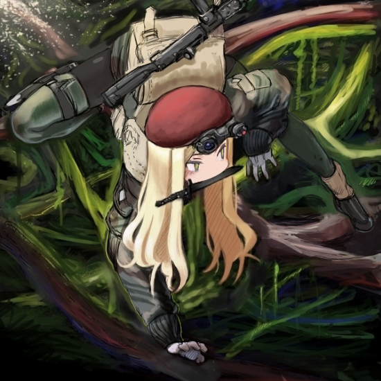 1girl backpack bag beret blonde_hair boots brown_boots camouflage climbing climbing_tree combat_boots gloves green_eyes green_thighhighs gun hat jacket knife knife_in_mouth load_bearing_equipment long_hair long_sleeves military military_uniform mouth_hold nature night_vision_device original red_hat reflex_sight scabbard sheath solo sten_gun submachine_gun suppressor thighhighs weapon y_(khakiyawn)