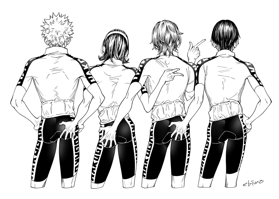 4boys arakita_yasutomo collared_shirt cowboy_shot from_behind fukutomi_juichi greyscale hairband hand_on_another's_ass hand_on_another's_back hand_on_own_hip hands_on_own_hips index_finger_raised male_focus medium_hair mojisan_(ebimo) monochrome multiple_boys pointing pointing_to_the_side shinkai_hayato shirt short_hair short_sleeves signature simple_background sportswear toudou_jinpachi v wavy_hair yowamushi_pedal