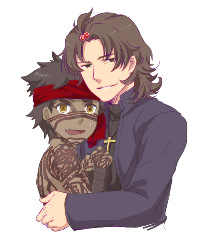 2boys alternate_hairstyle angra_mainyu_(fate) bad_id bad_pixiv_id bandana black_hair brown_eyes brown_hair cross dark-skinned_male dark_skin fang fate/hollow_ataraxia fate/stay_night fate_(series) full-body_tattoo hachi_(gaoo) hair_bobbles hair_ornament headband hug kotomine_kirei male_focus multiple_boys sweatdrop tattoo yellow_eyes