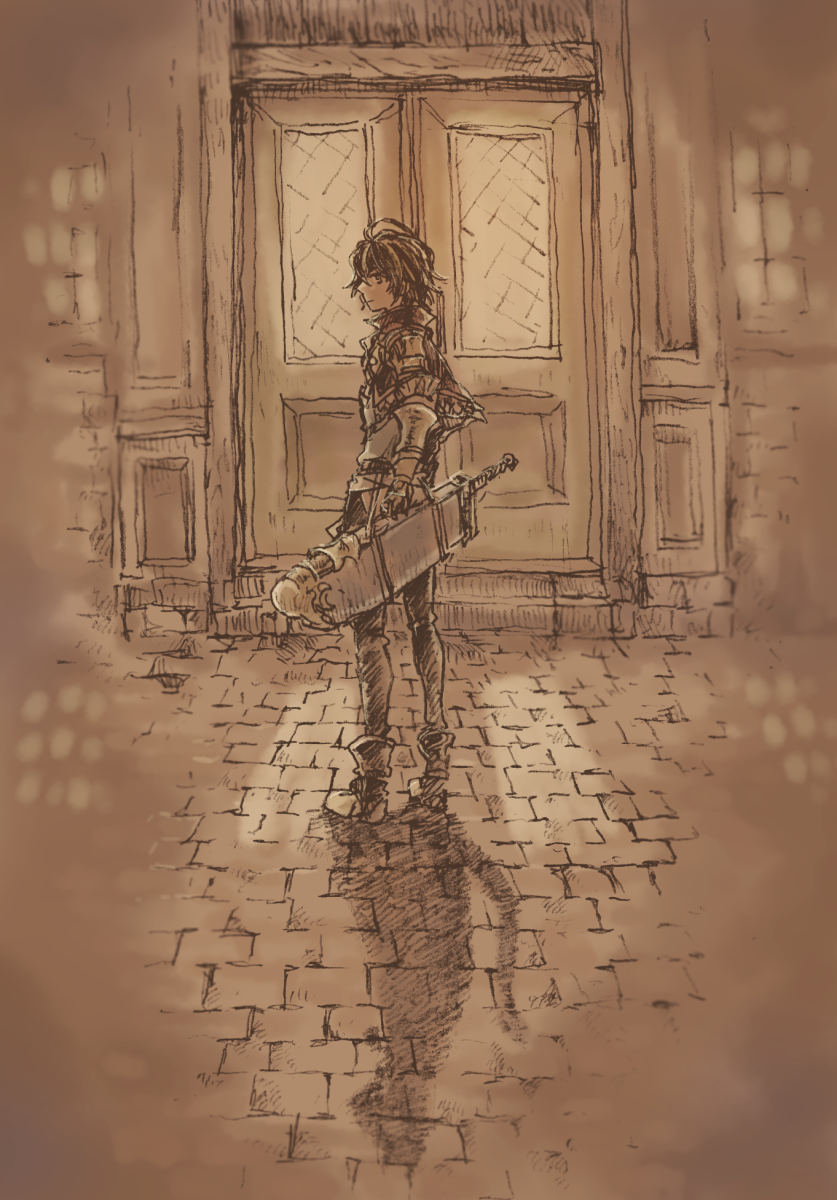 1boy ahoge aldo_(another_eden) another_eden arm_behind_back blurry blurry_edges boots brown_theme building capelet commentary_request different_shadow door from_behind full_body gauntlets greatsword hatching_(texture) highres linear_hatching looking_to_the_side male_focus michibata_65 monochrome outdoors pants pavement running_bond scabbard sepia shadow sheath shirt short_hair solo standing sword twisted_torso weapon window