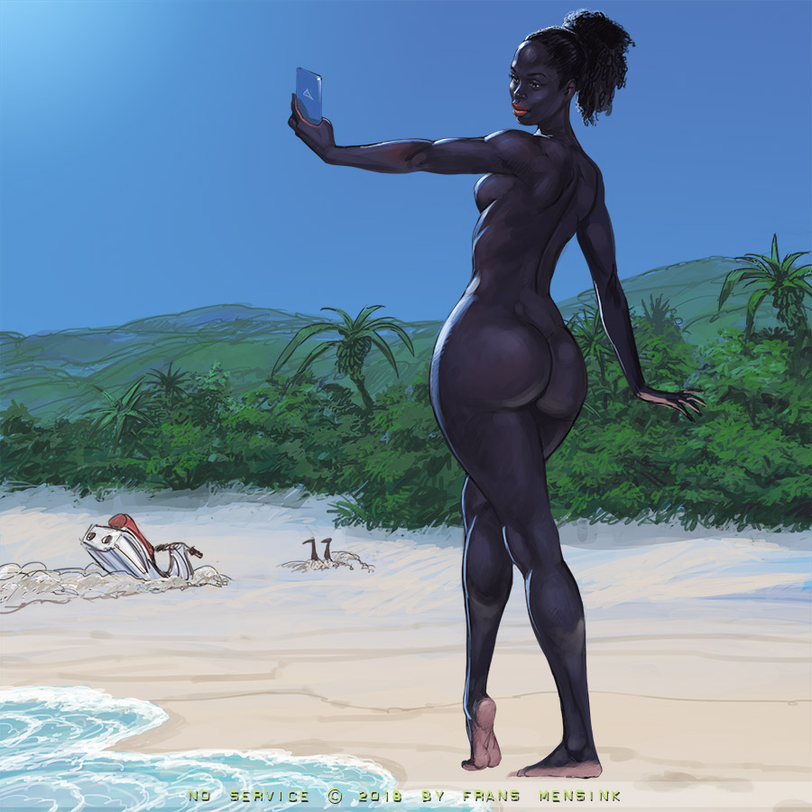 1girl accident african artist_name ass barefoot beach black_hair black_skin blue_sky breasts cellphone colored_skin commentary completely_nude dark-skinned_female dark_skin day distracted english_commentary feet frans_mensink from_behind full_body holding holding_phone huge_ass jet_ski legs mountainous_horizon nude original outdoors phone sand sky small_breasts smartphone solo_focus standing very_dark_skin water watercraft