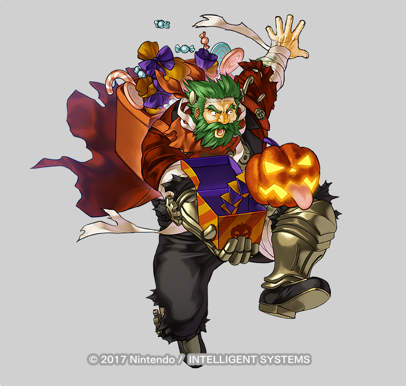 1boy alternate_costume armored_boots bag bandages beard boots bow candy dozla_(fire_emblem) dozla_(halloween)_(fire_emblem) facial_hair fire_emblem fire_emblem:_the_sacred_stones fire_emblem_heroes food full_body gears green_eyes green_facial_hair green_hair grey_background halloween_costume jack-o&#039;-lantern kita_senri male_focus mustache nintendo official_art open_mouth pumpkin scar solo teeth torn_clothes