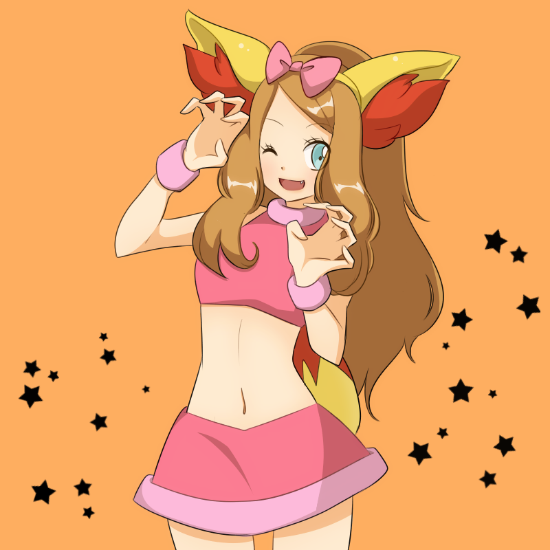 1girl ;d animal_ears blue_eyes boots bow brown_hair cosplay creatures_(company) crop_top fake_animal_ears fake_tail fang fennekin fennekin_(cosplay) game_freak gen_6_pokemon hair_bow long_hair looking_at_viewer midriff mikeko_(neko19920311) monochrome_background navel nintendo one_eye_closed open_mouth orange_background pink_bow pink_skirt pokemon pokemon_(anime) pokemon_tail pokemon_xy_(anime) serena_(pokemon) simple_background skirt sleeveless smile solo star_(symbol) star_symbol_background tail