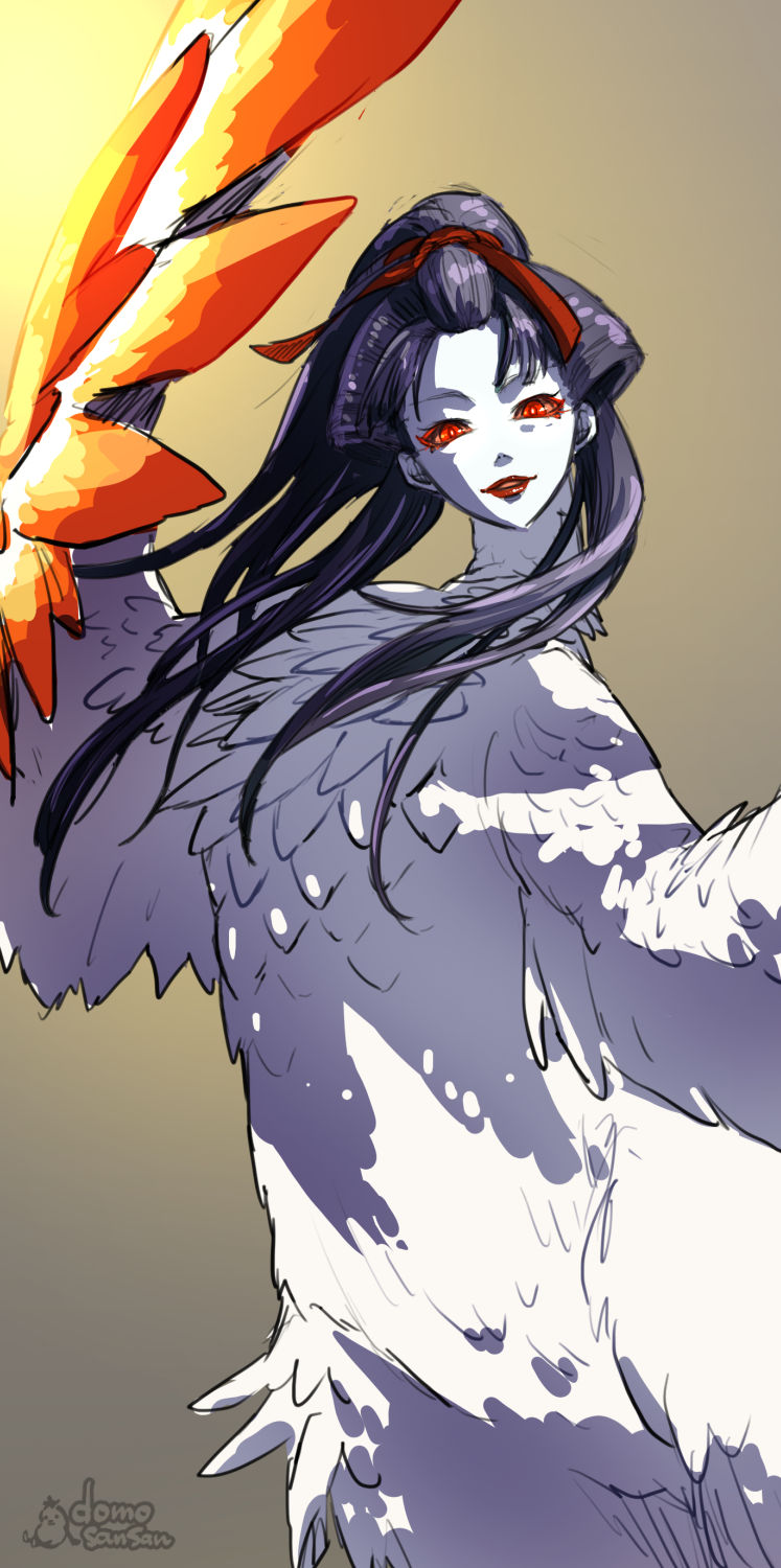 1girl bangs_pinned_back black_hair colored_sclera demon_(megami_tensei) feathered_wings floating_hair gradient_background harpy highres human_head long_hair looking_at_viewer monster_girl orange_sclera oshichi_(megami_tensei) parted_lips red_eyes red_lips shin_megami_tensei shinabita_nasubi smile solo wings