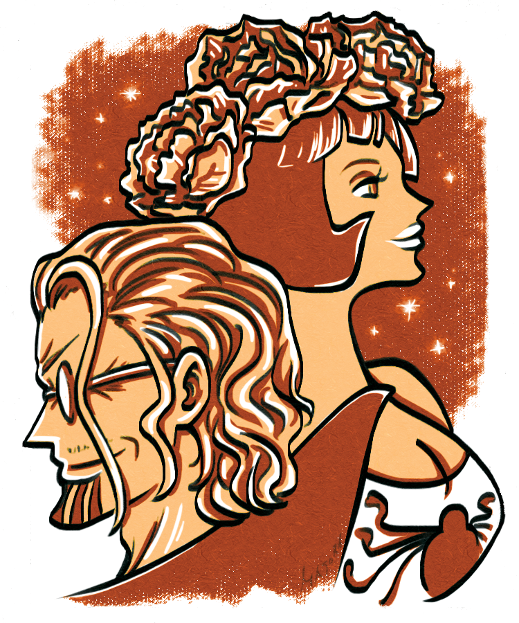 1boy 1girl breasts brown_theme cleavage close-up commentary english_commentary eyelashes facial_hair flower glasses goatee light_smile loose_hair_strand majoranokamen medium_breasts mustache_stubble one_piece profile rose shakuyaku_(one_piece) short_hair silvers_rayleigh simple_background stubble