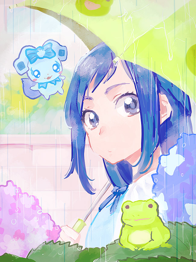 1girl blue_eyes blue_hair dokidoki!_precure flower frog hishikawa_rikka hydrangea kurochiroko looking_at_viewer precure rain rakeru_(dokidoki!_precure) umbrella