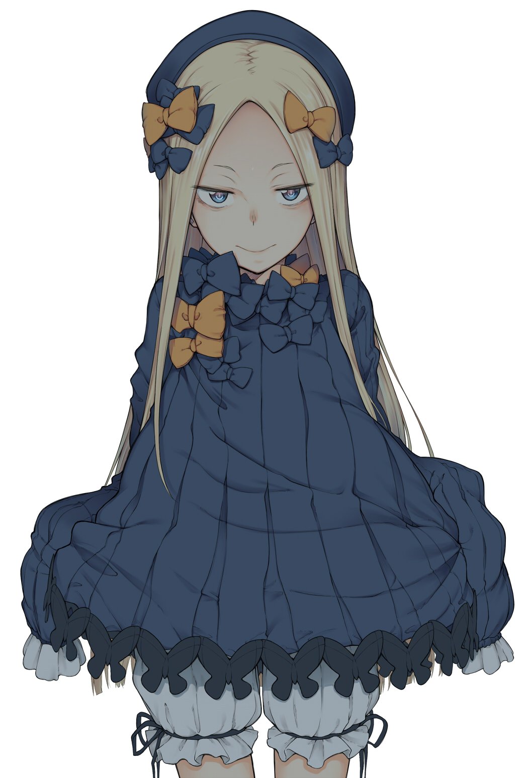 1girl abigail_williams_(fate) black_bow black_dress blonde_hair bloomers blue_eyes bow cowboy_shot dress fate/grand_order fate_(series) hair_bow hat highres long_hair long_sleeves looking_at_viewer multiple_hair_bows orange_bow parted_bangs simple_background skirt_hold sleeves_past_fingers sleeves_past_wrists smile solo spirytus_tarou underwear white_background white_bloomers