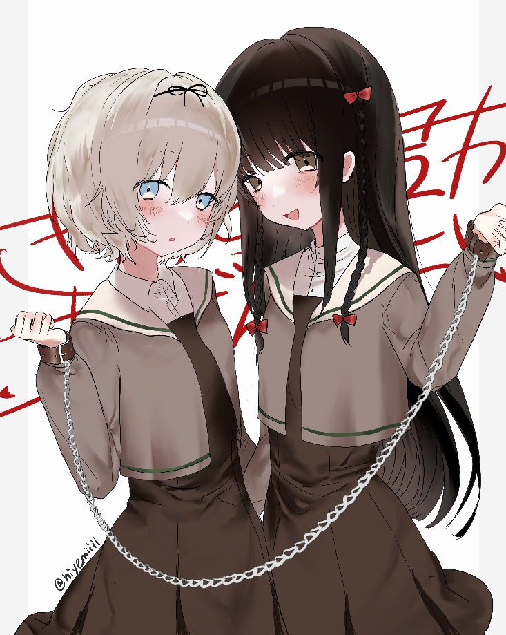 2girls black_dress black_hair blue_eyes bow braid cardigan chain collared_shirt cuffs dress grey_cardigan grey_hair hair_bow hanamura_hinako kitanai_kimi_ga_ichiban_kawaii long_hair long_sleeves looking_at_viewer multiple_girls niyemiiii open_cardigan open_clothes open_mouth parted_lips red_bow red_eyes sezaki_airi shirt short_hair sidelocks smile twin_braids twitter_username very_long_hair white_shirt yuri
