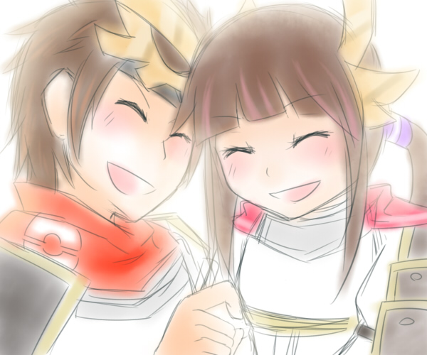 armor bluhs blunt_bangs brown_hair cape closed_eyes hair_ornament headband headdress hero_(pokemon_conquest) heroine_(pokemon_conquest) multicolored_hair nintendo parted_bangs pokemon pokemon_conquest scarf smile streaked_hair white_background