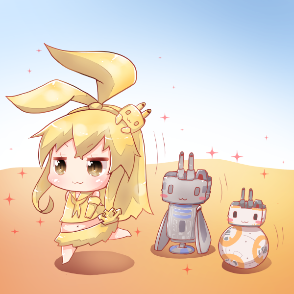 1girl :3 alternate_color anchor_hair_ornament bb-8 blonde_hair brown_eyes c-3po chibi elbow_gloves gloves hair_ornament hairband kantai_collection long_hair looking_at_viewer navel oyatsu_(jzs_137) oyatsu_(mk2) parody pleated_skirt r2-d2 rensouhou-chan robot school_uniform serafuku shimakaze_(kancolle) skirt sparkle star_wars star_wars:_the_force_awakens walking
