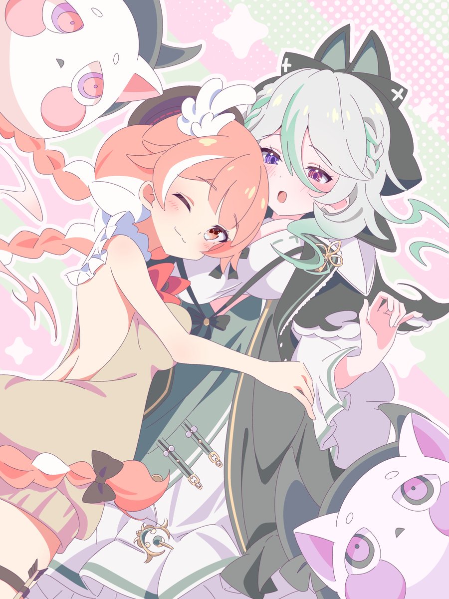 2girls alias_anono backless_dress backless_outfit black_bow black_jacket blush bow braid breasts brown_eyes closed_mouth dress green_hair grey_hair hair_bow head_wings height_difference heterochromia highres hinata_hirune hood hooded_jacket hug indie_virtual_youtuber jacket long_hair multicolored_hair multiple_girls one_eye_closed open_clothes open_jacket open_mouth orange_hair pillowdear pillowdear_(1st_costume) pink_eyes purple_eyes streaked_hair thigh_strap twin_braids v4mirai virtual_youtuber white_dress white_hair wings