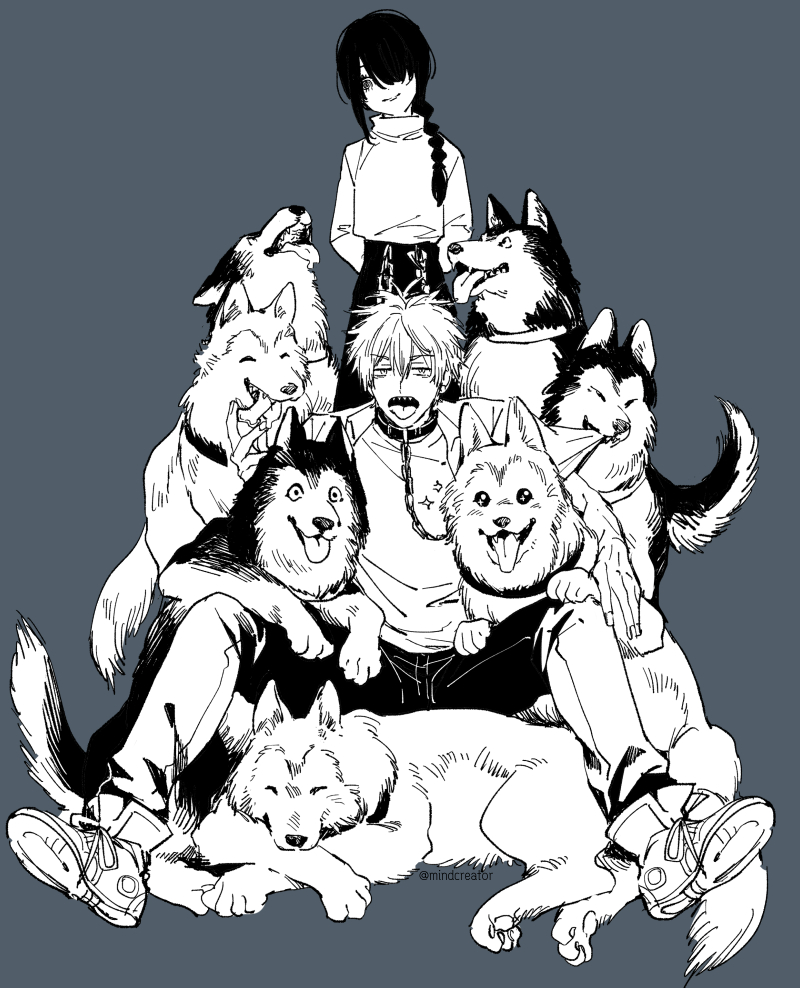 1boy 1girl biting braid braided_ponytail chainsaw_man denji_(chainsaw_man) dog hair_over_one_eye husky leash looking_at_viewer nair_(mindcreator) nayuta_(chainsaw_man) open_mouth sharp_teeth simple_background sitting smile teeth tongue tongue_out