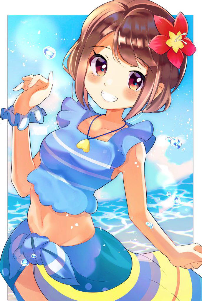 1girl bikini blue_bikini blue_sarong blue_scrunchie blue_sky blush border breasts brown_eyes brown_hair bubble clenched_hand collarbone day dutch_angle flower gloria_(pokemon) gloria_(summer_2021)_(pokemon) grin hair_flower hair_ornament hand_up hibiscus jewelry looking_at_viewer medium_breasts midriff navel necklace nintendo ocean official_alternate_costume parted_bangs pokemon pokemon_masters_ex sarong scrunchie short_hair sidelocks sky smile solo standing swimsuit umiru water wet white_border wrist_scrunchie