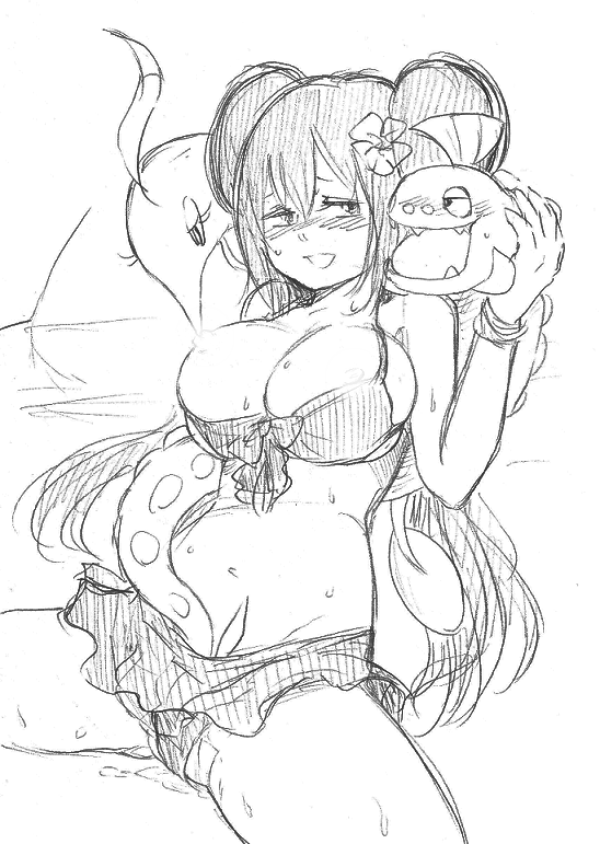 10s 1girl bad_id bad_pixiv_id bikini blush breasts double_bun female_focus fingering front-tie_bikini_top front-tie_top gen_3_pokemon gorebyss greyscale hair_bun huntail large_breasts long_hair monochrome niku_(dance-siva) nintendo no_headwear pokemon pokemon_(creature) pokemon_bw2 pokephilia rosa_(pokemon) solo sweat swimsuit tentacles tentacles_under_clothes twintails