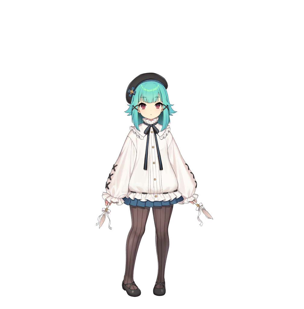 1girl black_headwear black_thighhighs child expressionless girls_creation green_hair high_collar holding holding_weapon kinjo_kuromomo official_art red_eyes rembrandt_(girls_creation) thighhighs weapon