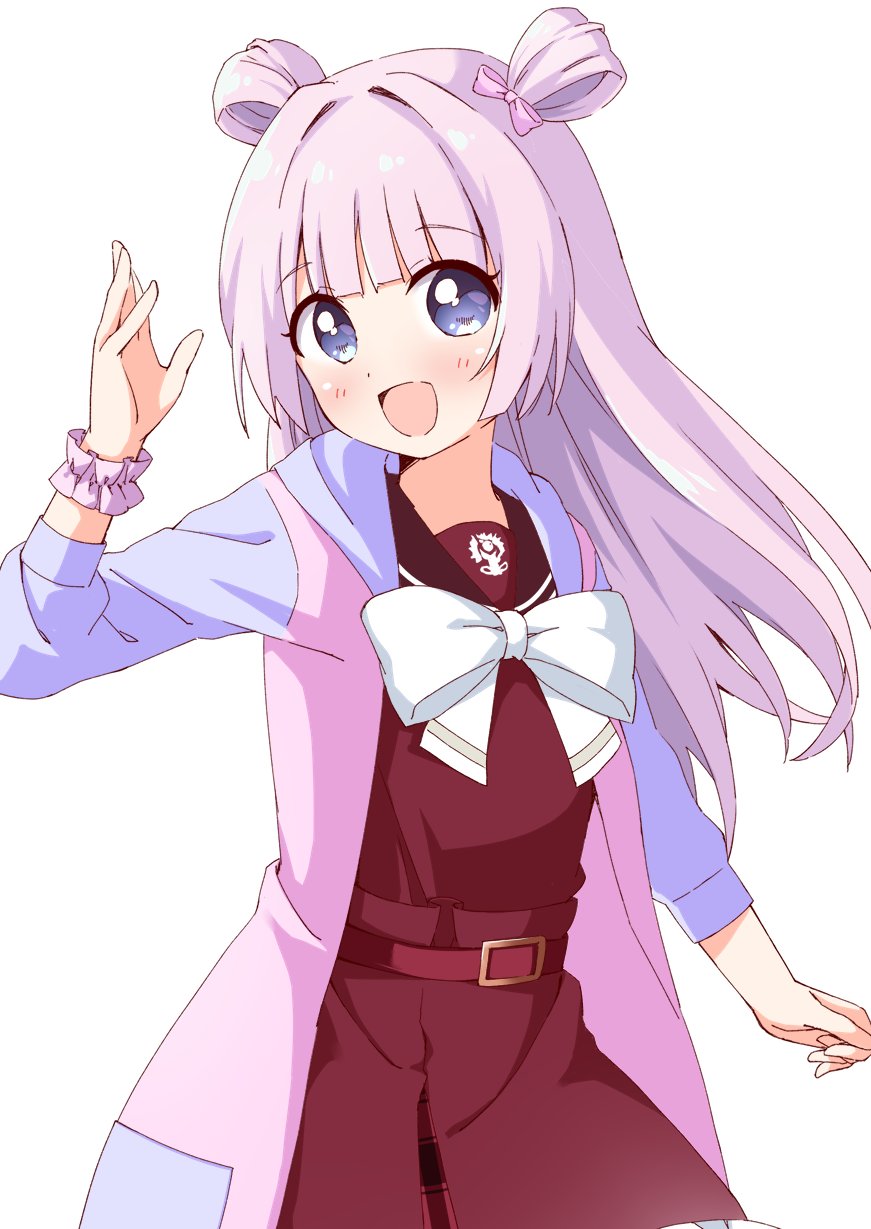 1girl :d assault_lily belt blue_eyes blunt_bangs blush bow bowtie brown_sailor_collar commentary cowboy_shot dot_nose double_bun dress hair_bow hair_bun hand_up haru_(konomi_150) highres jacket long_hair long_sleeves looking_at_viewer open_clothes open_jacket open_mouth pink_bow pink_hair pink_jacket pink_scrunchie red_belt red_dress sailor_collar scrunchie sidelocks simple_background smile solo tanba_akari white_background white_bow white_bowtie wrist_scrunchie