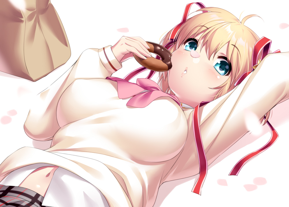 1girl bag beige_sweater blonde_hair blue_eyes bow commentary_request donut food kamikita_komari little_busters! lying navel paper_bag petals pink_bow plaid_clothes plaid_skirt ribbon school_uniform short_hair skirt solo twintails upper_body zen