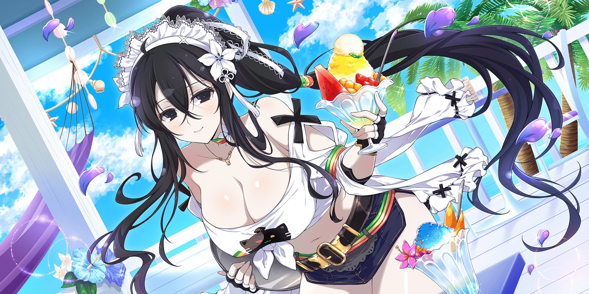 1girl animal_print belt black_eyes black_hair blue_flower blue_sky breasts cat_print choker cleavage cloud cocktail collarbone cup day falling_petals fingerless_gloves flower food fruit fubuki_(senran_kagura) gloves hair_between_eyes hair_flower hair_ornament hammock hibiscus highres holding holding_tray ice_cream_cup ice_cream_spoon jewelry large_breasts long_hair looking_at_viewer midriff miniskirt navel necklace palm_leaf palm_tree petals pink_flower ponytail seashell senran_kagura senran_kagura_new_link shell skirt sky slushie smile solo spoon starfish strawberry tassel tassel_hair_ornament tray tree tropical tropical_drink very_long_hair watermelon watermelon_slice white_flower