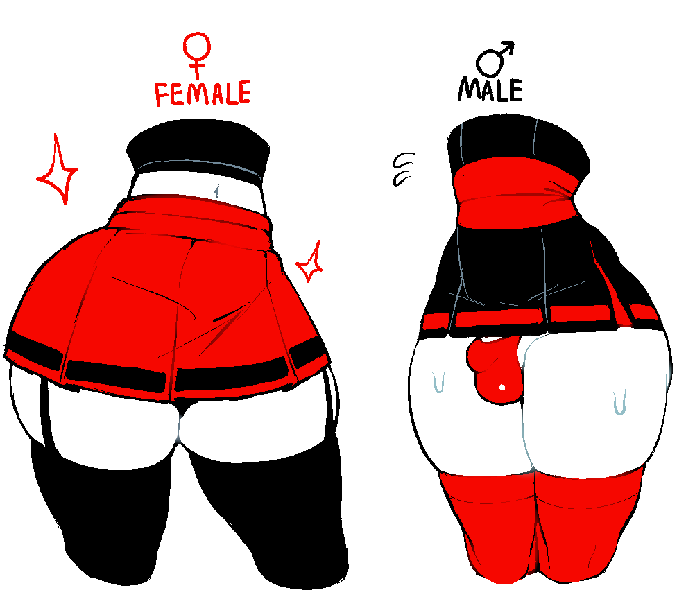 1boy 1girl bulge chat_(dizzyspells) comparison dizzyspells garter_straps lower_body miniskirt navel original penis scythe_(dizzyspells) skirt sparkle sweatdrop thick_thighs thighhighs thighs trap wide_hips