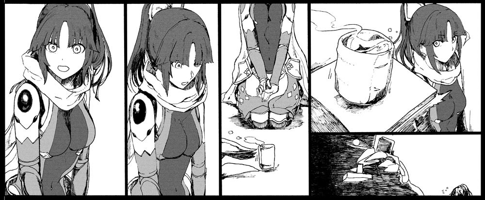 1boy 1girl android breasts charles_babbage_(fate) cup fate/grand_order fate_(series) greyscale joints katou_danzou_(fate) large_breasts long_hair looking_at_viewer monochrome multiple_views open_mouth ponytail robot robot_joints scarf sitting syatey wariza