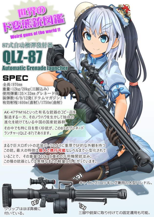 1girl automatic_grenade_launcher bipod black_boots black_gloves black_hair black_thighhighs blue_dress blue_eyes blue_hair boots bun_cover chart china_dress chinese_clothes closed_mouth commentary diagram dress drum_magazine english_text eyebrows floral_print gloves grenade_launcher gun hair_bun hair_ornament hair_tie high-capacity_magazine high_collar holding holding_gun holding_weapon information_sheet japanese_text long_gun long_hair magazine_(weapon) mikeran_(mikelan) mixed-language_text multicolored_hair norinco_(firearms_manufacturer) original ponytail print_dress qlz-87 scope shadow short_dress short_sleeves side_slit sight_(weapon) simple_background single_hair_bun sitting skirt smile solo telescopic_sight text_focus thighhighs translation_request trigger_discipline two-tone_hair v-shaped_eyebrows wariza weapon weapon_focus weapon_name weapon_profile weird_guns_of_the_world white_background white_hair xiafeng_machinery
