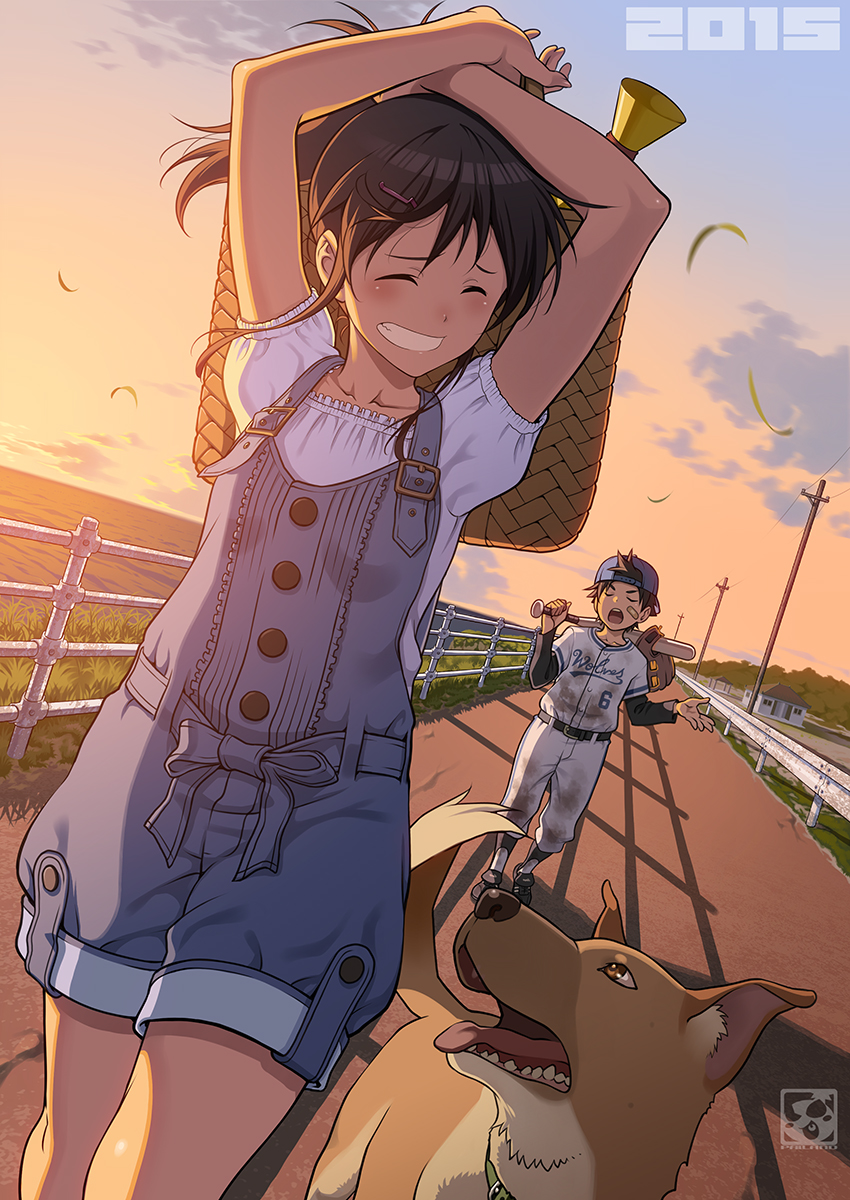 1boy 1girl 2015 aoi_sora_(pairan) arm_on_own_head arms_up artist_name backwards_hat bag bandaid bandaid_on_face baseball_bat baseball_cap baseball_glove baseball_jersey baseball_uniform belt belt_buckle black_belt black_footwear black_hair black_shirt black_socks blue_bow blue_hat blue_overalls blue_sash blue_sky blush bow brother_and_sister buckle buttons closed_eyes clothes_writing cloud commentary_request denim_overalls dog dusk facing_viewer falling_leaves field frilled_shirt frills gradient_sky grass grin hair_ornament hairclip hat high_ponytail highres holding holding_bag holding_baseball_bat house jersey layered_sleeves leaf long_sleeves megaphone multicolored_sky open_mouth orange_sky original outdoors overall_shorts overalls pairan pants perspective ponytail power_lines puffy_short_sleeves puffy_sleeves railing road sash sash_bow shadow shirt shirt_tucked_in shoes short_hair short_over_long_sleeves short_sleeves siblings sky smile socks socks_over_pants sportswear taut_clothes taut_shirt teeth upper_teeth_only utility_pole vanishing_point walking white_pants white_shirt wind