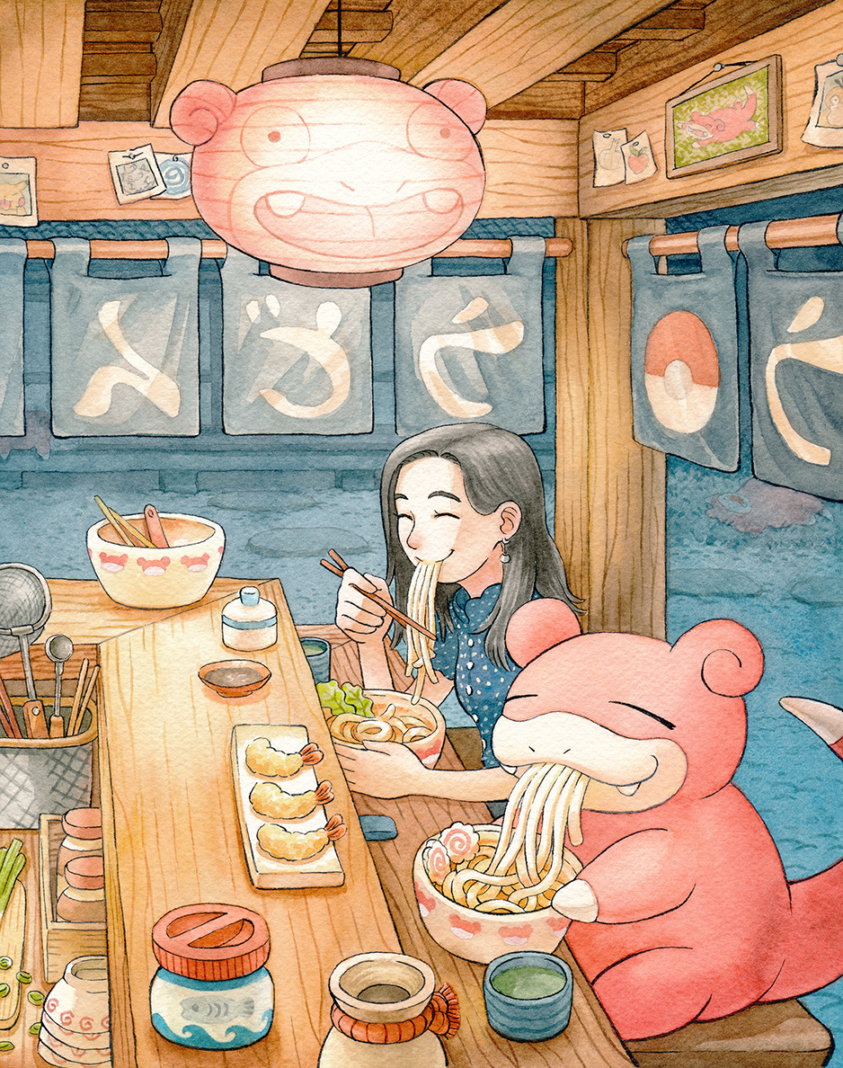 1girl black_hair blue_shirt bowl chopsticks commission cup earrings eating flag food gen_1_pokemon indoors jewelry kamaboko lantern narutomaki nintendo noodles oliver_hamlin painting_(medium) photo_(object) pikachu poke_ball pokemon pokemon_(creature) psyduck ramen shirt shrimp shrimp_tempura sitting slice_of_life slowpoke spring_onion strainer tempura traditional_media watercolor_(medium) yunomi