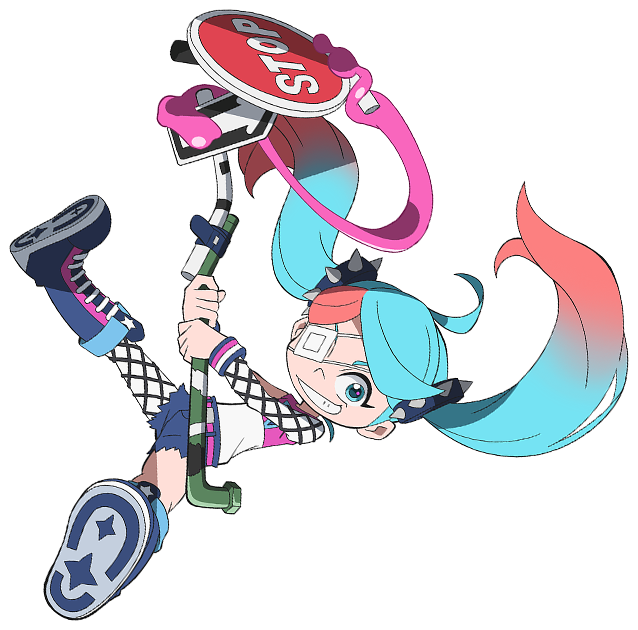 1girl ahoge anime_coloring aqua_eyes arrow_(symbol) artist_request belt belted_shorts blue_boots blue_pupils blue_shorts boots chewing_gum child denim denim_shorts english_text eyelashes eyepatch falling flat_chest gradient_hair grin holding holding_pole holding_weapon knee_boots lace-up_boots long_hair lucy_(ninjala) medical_eyepatch multicolored_hair ninjala nose official_art one_eye_covered pantyhose parted_bangs pink_belt pink_hair pink_shirt pole print_shirt road_sign scrap_saber second-party_source shirt shoe_soles shorts shuriken_print sign single_bare_arm single_fishnet_armwear single_fishnet_legwear single_leg_pantyhose single_sleeve skinny sleeveless sleeveless_shirt smile solo spiked_hair_ornament star_(symbol) star_print stop_sign teeth torn_clothes torn_shorts twintails two-tone_hair two-tone_shirt very_long_hair weapon white_pantyhose white_shirt white_sleeves wrestling_boots