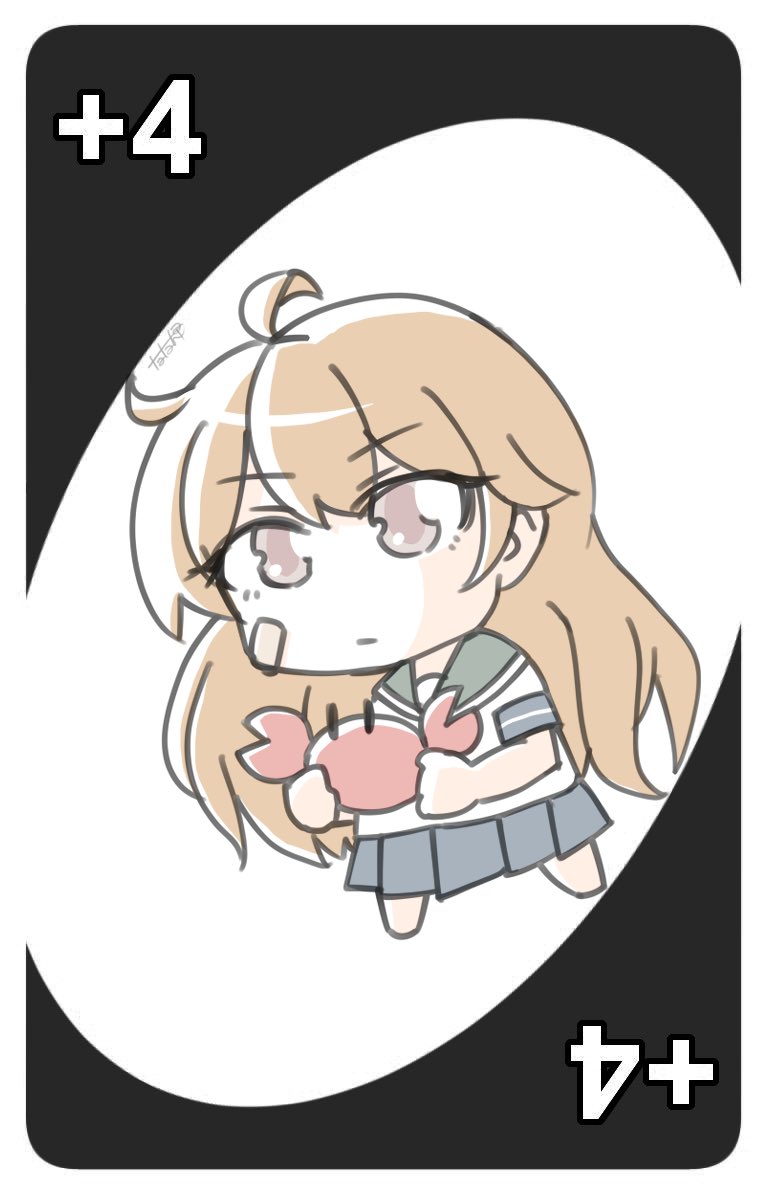 1girl ahoge alternate_hair_length alternate_hairstyle bandaid bandaid_on_face blue_neckerchief blue_sailor_collar blue_skirt brown_eyes brown_hair card_(medium) chibi cowboy_shot crab creature holding holding_creature kantai_collection long_hair looking_at_viewer neckerchief oboro_(kancolle) sailor_collar sailor_shirt school_uniform serafuku shirt skirt skirt_hold solo tatahai uno_(game) very_long_hair white_shirt