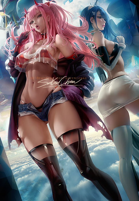 2girls ass bikini blue_hair blue_sky breasts candy cloud cloudy_sky darling_in_the_franxx detached_sleeves fake_horns food gloves green_eyes horns ichigo_(darling_in_the_franxx) jacket jakcet large_breasts latex lips lollipop long_hair mecha multiple_girls pink_hair red_bikini robot sakimichan see-through_clothes see-through_shirt shirt shorts signature skirt sky swimsuit thighhighs tongue tongue_out transparent_skirt unzipped zero_two_(darling_in_the_franxx)