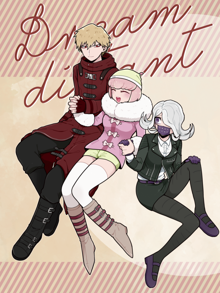 1boy 2girls ando_ruruka black_footwear black_jacket black_pants black_pantyhose black_skirt blonde_hair blue_eyes boots closed_eyes coat collared_shirt commentary_request danganronpa_(series) danganronpa_3_(anime) dress_shirt fur-trimmed_jacket fur_trim gloves grey_hair hair_over_one_eye hat holding_hands invisible_chair izayoi_sounosuke jacket kimura_seiko mask medium_hair mouth_mask multiple_girls open_mouth pants pantyhose pencil_skirt pink_hair red_coat scarf shimada_(dmisx) shirt shoes short_hair shorts sitting skirt smile striped_background thighhighs white_shirt white_thighhighs yellow_shorts