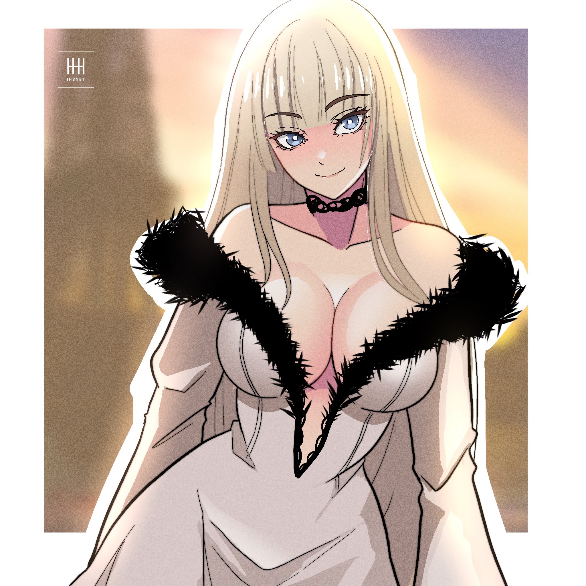 1girl artist_logo black_choker blonde_hair blue_eyes blunt_bangs border breasts choker cleavage dress emilie_de_rochefort frills highres hime_cut ihsnet large_breasts logo long_hair smile solo tekken tekken_8 upper_body white_border white_dress