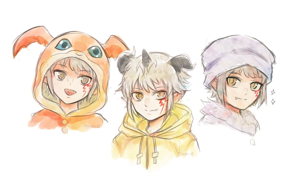 1boy aegiomon digimon digimon_(creature) digimon_story:_time_stranger facial_mark fang grey_eyes grey_hair hood hood_down hood_up hoodie horns official_alternate_costume open_mouth patamon pointy_ears rikka_(tcbn_18) simple_background sparkle upper_body white_background