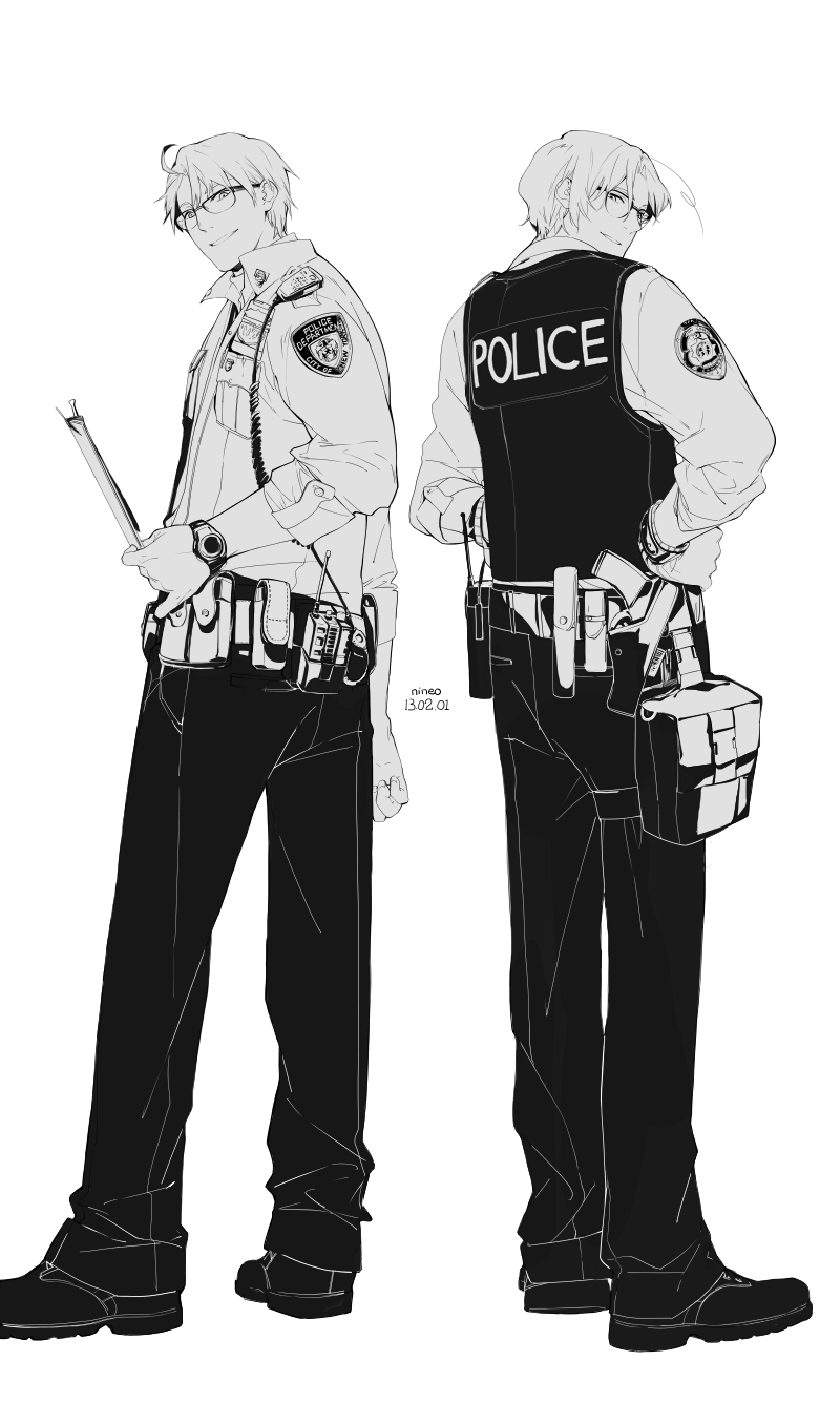 2boys ahoge america_(hetalia) axis_powers_hetalia belt belt_bag bulletproof_vest canada_(hetalia) clenched_hand collared_shirt commentary_request crest denim from_behind full_body glasses greyscale hands_on_own_hips highres holding jeans long_sleeves looking_at_viewer looking_back male_focus monochrome multiple_boys nineo pants parted_lips police police_uniform shirt shoes short_hair simple_background smile watch white_background wristwatch