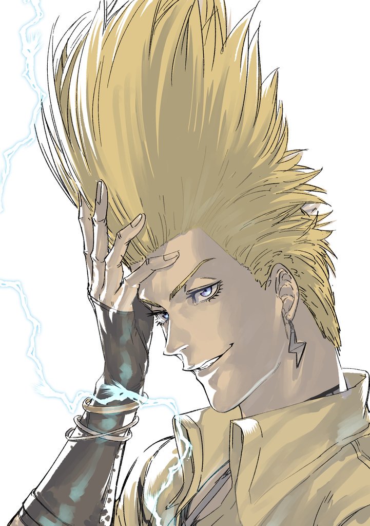 1boy azuma_kyoutarou_(artist) blonde_hair check_commentary commentary commentary_request detached_sleeves earrings electricity jewelry long_hair male_focus nikaidou_benimaru official_art smile snk solo spiked_hair static_electricity straight_hair the_king_of_fighters the_king_of_fighters:_a_new_beginning the_king_of_fighters_xiv
