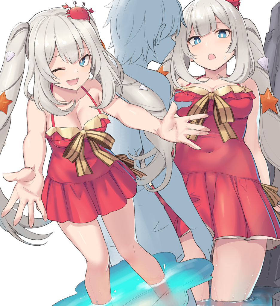 1boy 1girl bare_shoulders blue_eyes blush breasts cleavage collarbone crab_on_head dress_swimsuit faceless faceless_male fate/grand_order fate_(series) groping long_hair looking_at_viewer marie_antoinette_(fate) marie_antoinette_(swimsuit_caster)_(first_ascension)_(fate) medium_breasts multiple_views one-piece_swimsuit one_eye_closed open_mouth red_one-piece_swimsuit shell_hair_ornament shiseki_hirame sidelocks silver_hair smile starfish_hair_ornament swimsuit thighs twintails very_long_hair wading water
