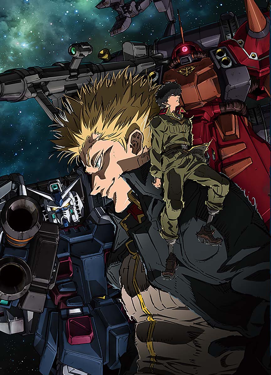 10s 2boys black_hair blonde_hair daryl_lorenz full_armor_gundam gundam gundam_thunderbolt io_fleming looking_down looking_up male_focus mecha military military_uniform multiple_boys official_art robot sky space spiked_hair star_(sky) starry_sky zaku_ii_(reuse_p_device)