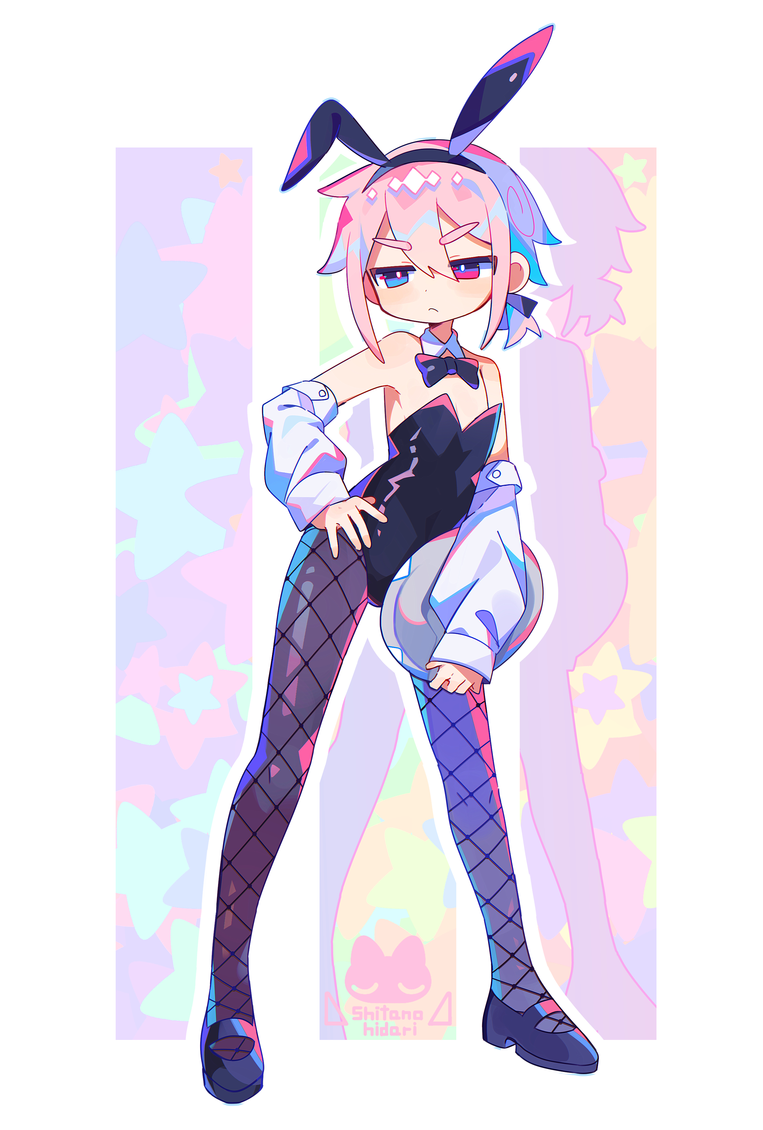 1boy absurdres animal_ears artist_name bare_shoulders black_leotard border bow bowtie bright_pupils commentary_request detached_collar detached_sleeves fake_animal_ears fishnet_pantyhose fishnets frown full_body hand_on_own_hip heterochromia highres holding holding_plate leotard logo male_focus mary_janes narrowed_eyes original pantyhose pink_hair plate playboy_bunny rabbit_ears raito-kun_(uenomigi) shoes sidelocks solo strapless strapless_leotard thick_eyebrows traditional_bowtie uenomigi v-shaped_eyebrows white_border white_pupils white_sleeves