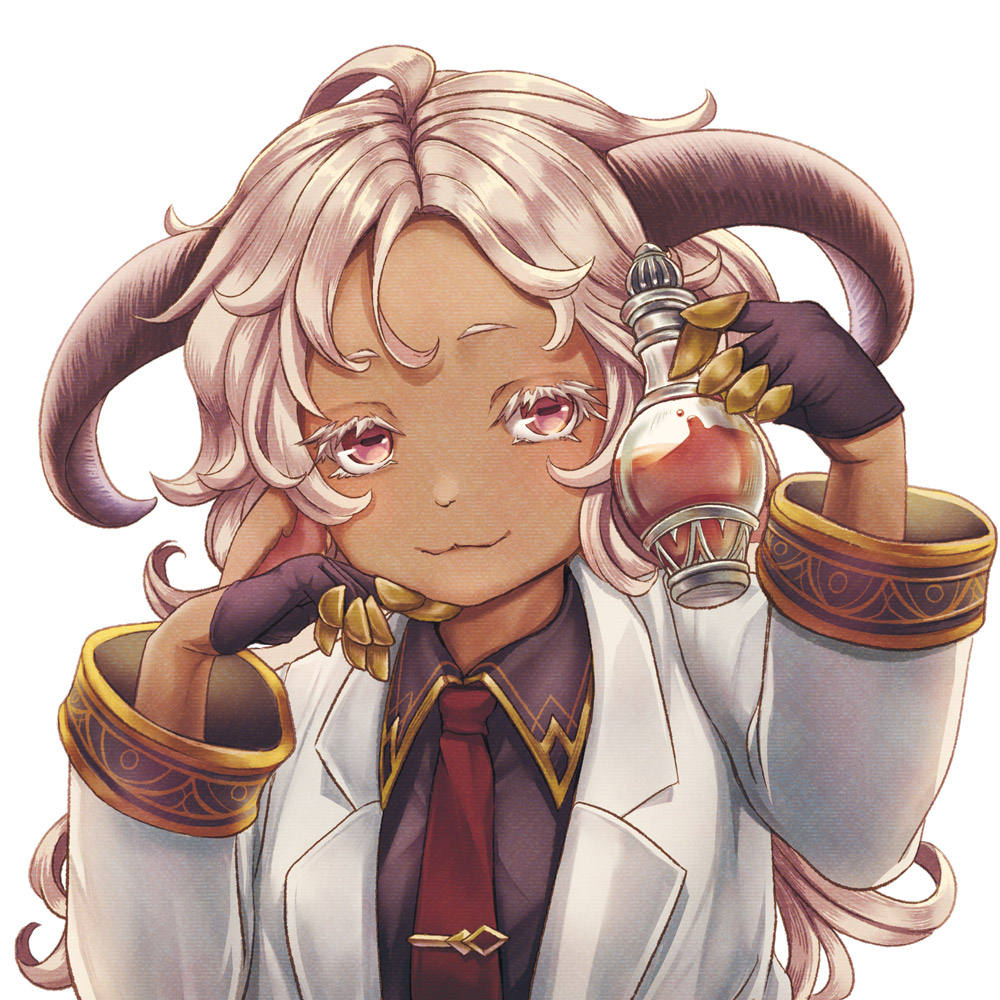 1girl :3 animal_ears black_gloves brown_hair character_request closed_mouth collared_shirt commentary_request copyright_request curled_horns dark-skinned_female dark_skin flask formal_clothes gloves half_gloves hands_up holding holding_flask horizontal_pupils horns jacket long_hair long_sleeves looking_at_viewer necktie nina_(maurururoa) red_eyes red_necktie shirt smile suit tie_clip upper_body volumetric_flask white_background white_jacket wing_collar