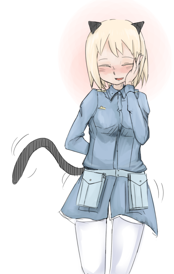 1girl animal_ears bad_id bad_pixiv_id blonde_hair blush cat_ears cat_tail closed_eyes elma_leivonen female_focus gradient_background hand_on_own_cheek hand_on_own_face open_mouth pantyhose smile solo strike_witches strike_witches:_suomus_misfits_squadron tail tail_wagging ukedachi uniform world_witches_series