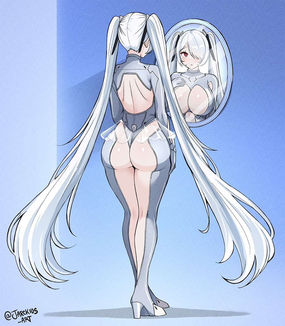 1girl armpit_cutout ass blush bodysuit breasts cinderella_(nikke) cleavage cleavage_cutout clothing_cutout commission gloves goddess_(nikke) goddess_of_victory:_nikke grey_bodysuit hair_over_one_eye jarckius large_breasts leg_cutout long_hair looking_at_viewer navel_cutout one_eye_covered red_eyes see-through_bodysuit see-through_clothes see-through_footwear see-through_skirt shiny_eyes simple_background skirt solo stomach_cutout twintails very_long_hair white_hair