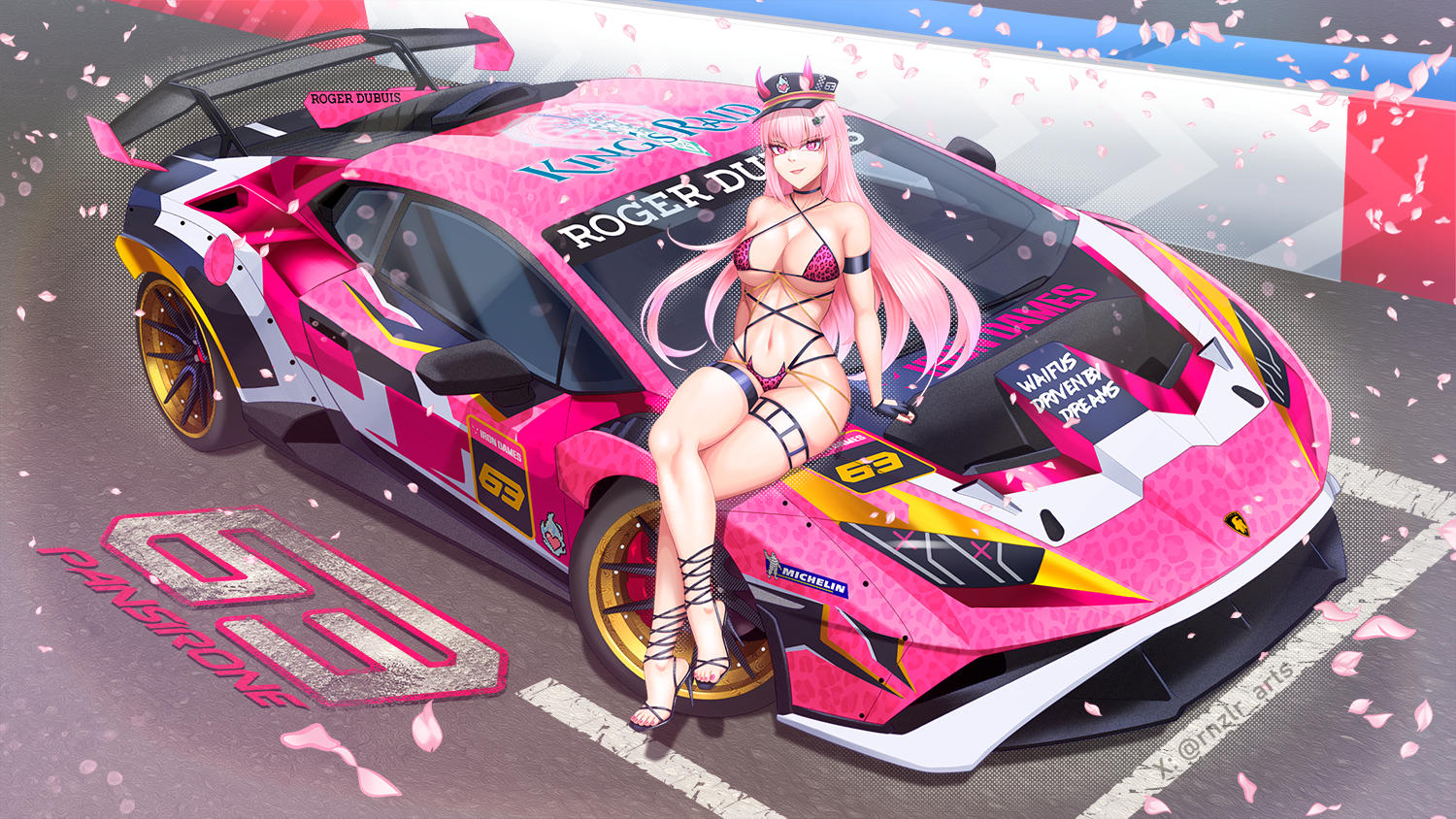 1girl animal_print bikini black_gloves black_hat breasts car character_name chromatic_aberration cleavage commission copyright_name fingerless_gloves gloves hat horns imrinzlergtz_art iron_lynx king's_raid lamborghini lamborghini_huracan lamborghini_super_trofeo leopard_print looking_at_viewer medium_breasts michelin michelin_man motor_vehicle pansirone parted_lips petals pink_bikini pink_car pink_eyes pink_hair pixiv_commission race_vehicle racecar racetrack shadow sitting skindentation smile solo spoiler_(automobile) sports_car swimsuit thigh_strap v-shaped_eyebrows vehicle_focus